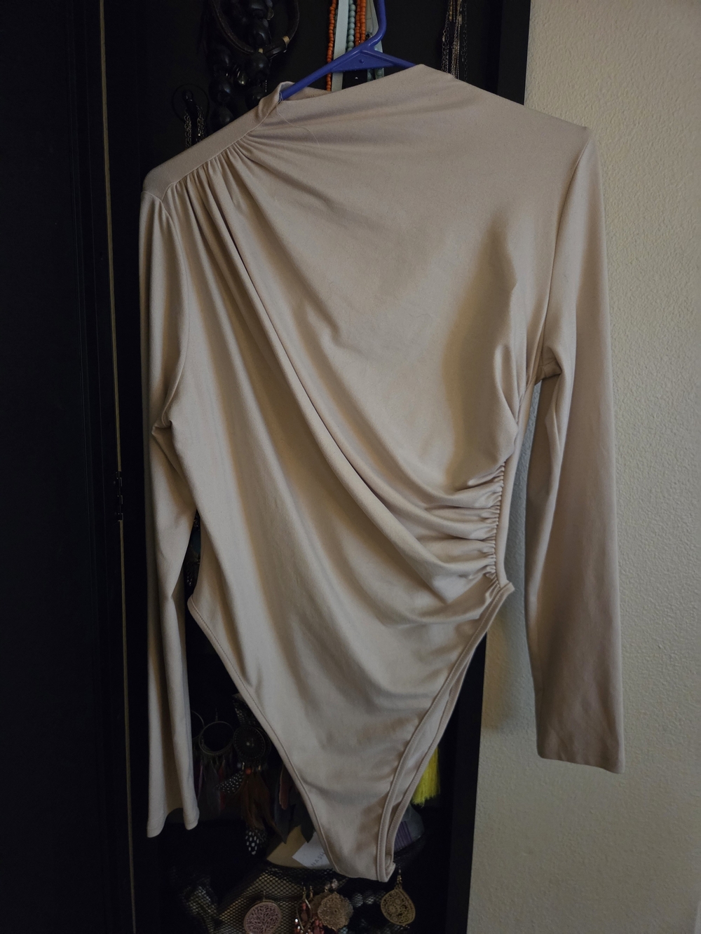 SHEIN Beige Ruched Long Sleeve Bodysuit